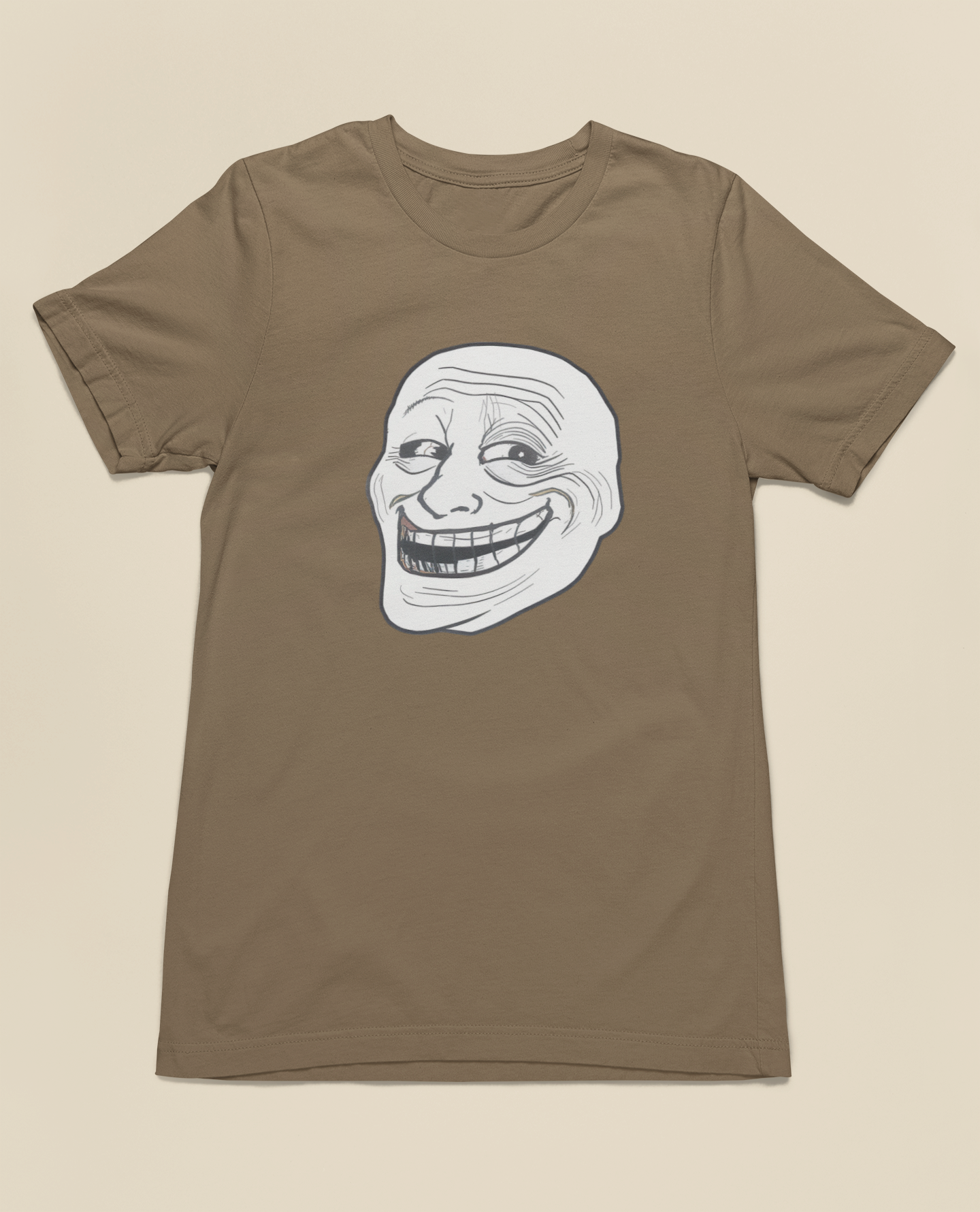 Trollface Meme Tee – Black, Vintage Brown