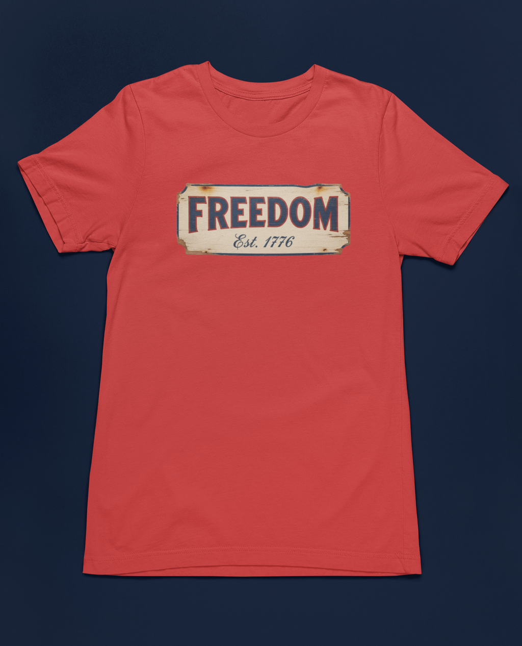 Freedom Est. 1776 Vintage Patriotic Tee - Heathered Navy, Canvas Red