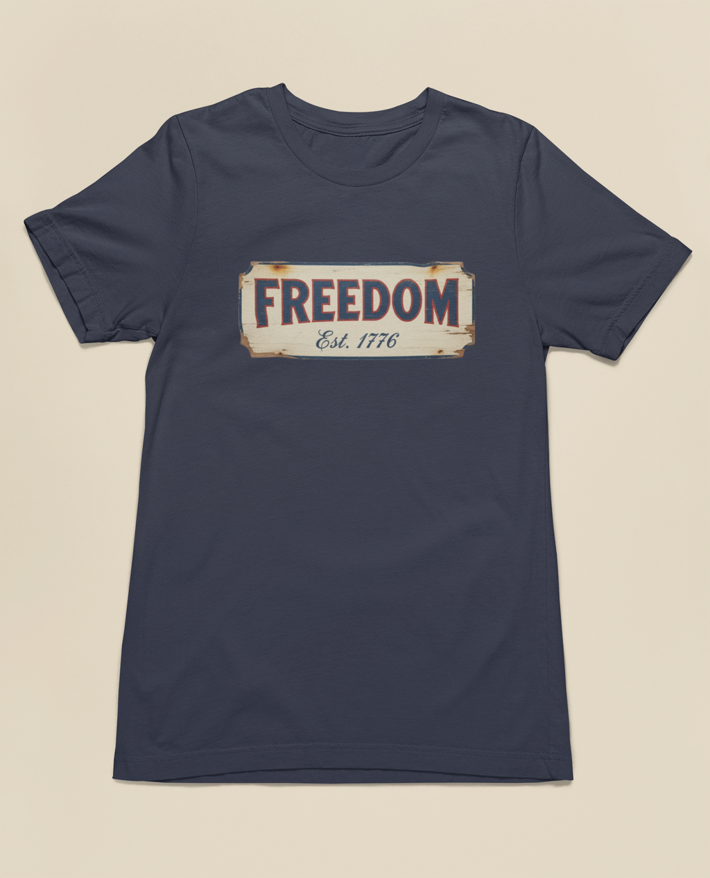 Freedom Est. 1776 Vintage Patriotic Tee - Heathered Navy, Canvas Red