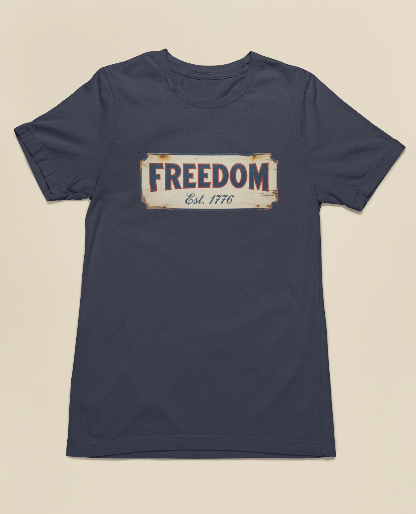 Freedom Est. 1776 Vintage Patriotic Tee - Heathered Navy, Canvas Red