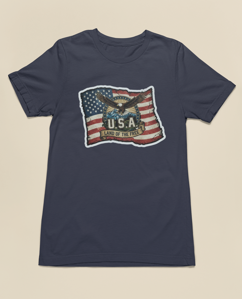 USA, Land of the Free Eagle Flag Tee - Heather Navy, White, Black, Deep Heather