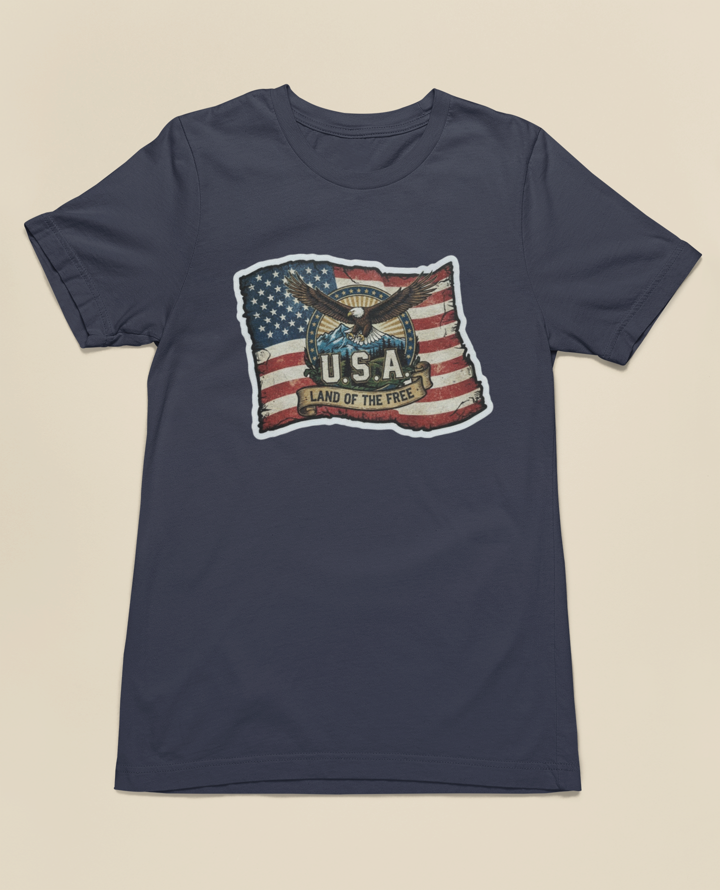 USA, Land of the Free Eagle Flag Tee - Heather Navy, White, Black, Deep Heather