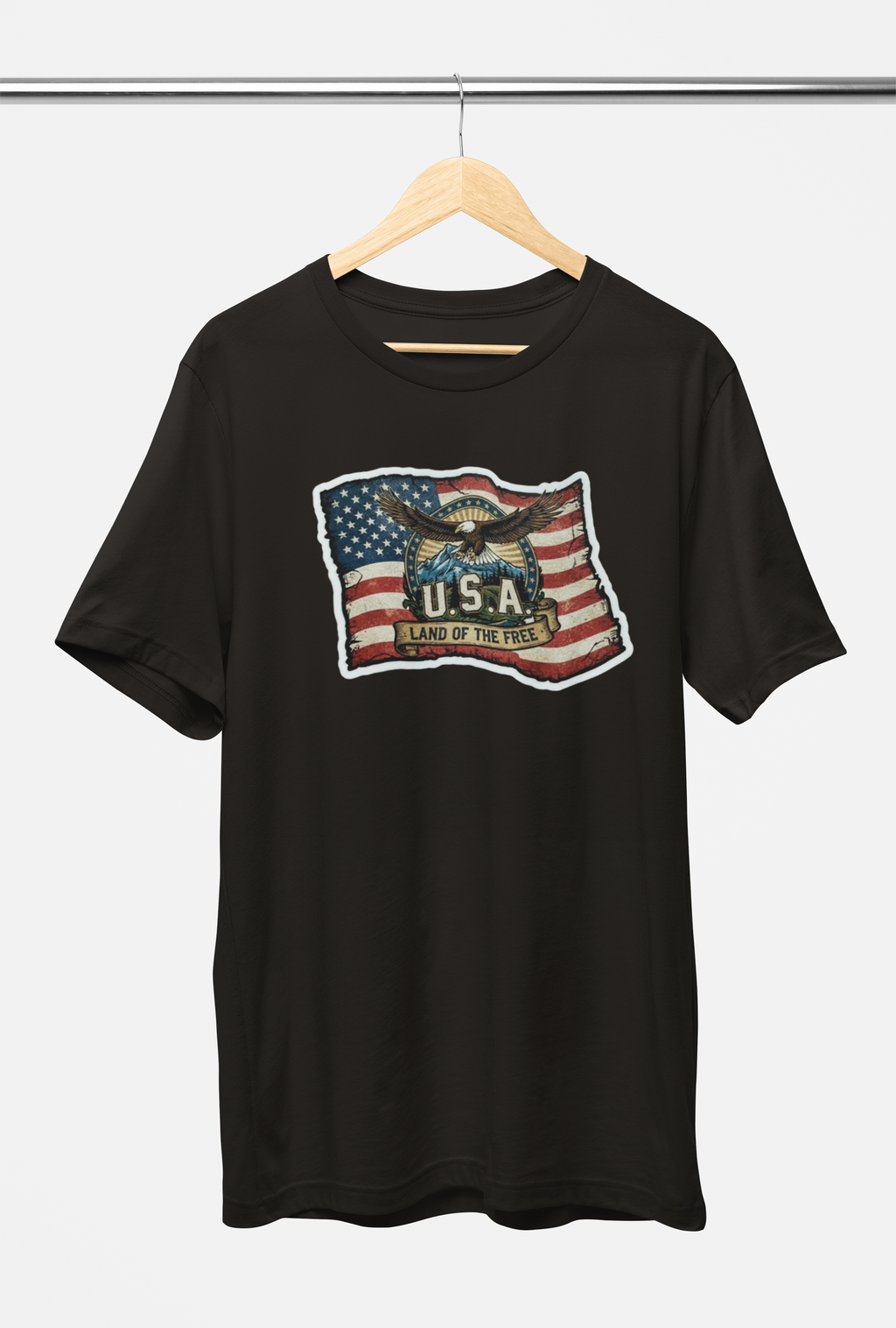 USA, Land of the Free Eagle Flag Tee - Heather Navy, White, Black, Deep Heather