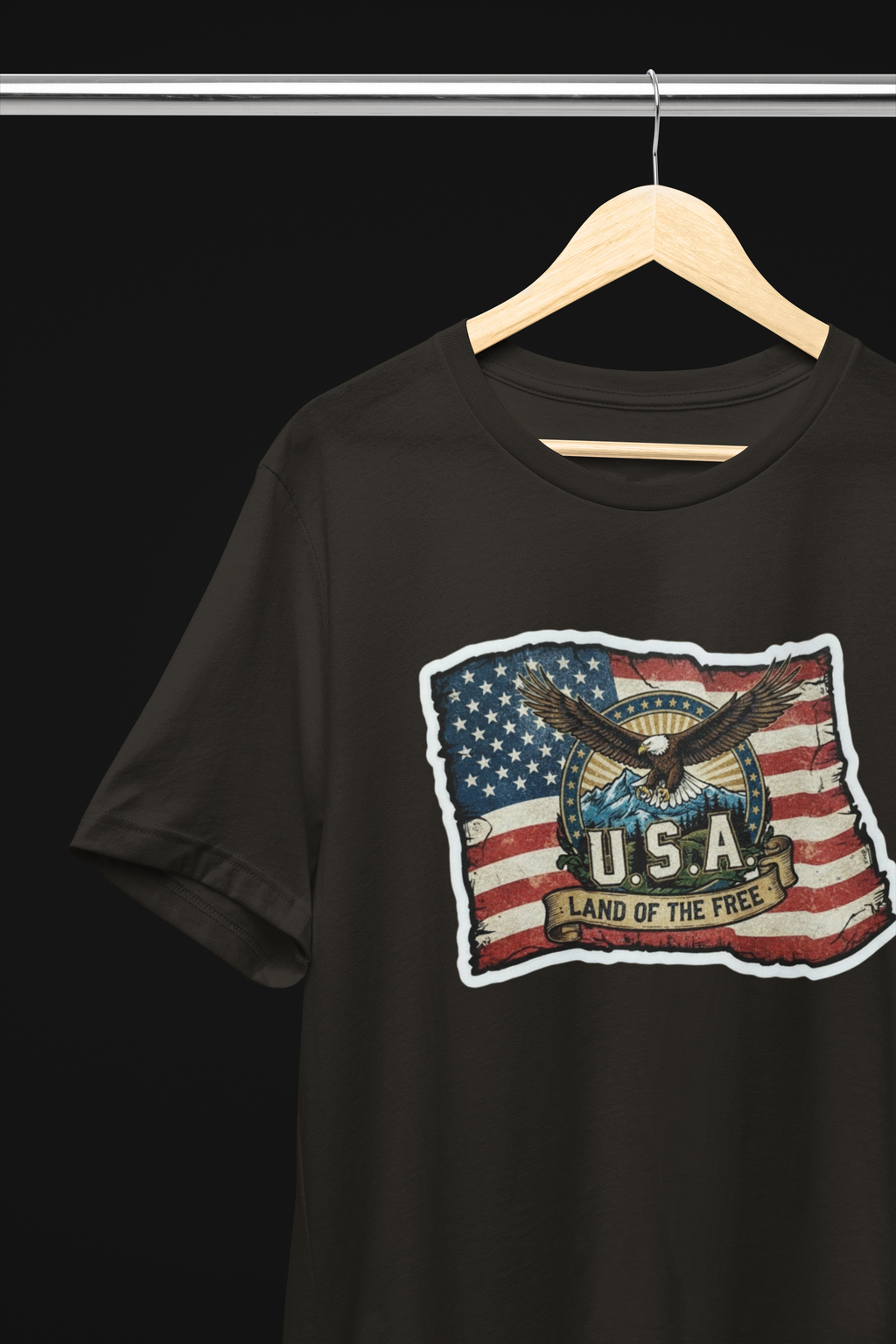USA, Land of the Free Eagle Flag Tee - Heather Navy, White, Black, Deep Heather