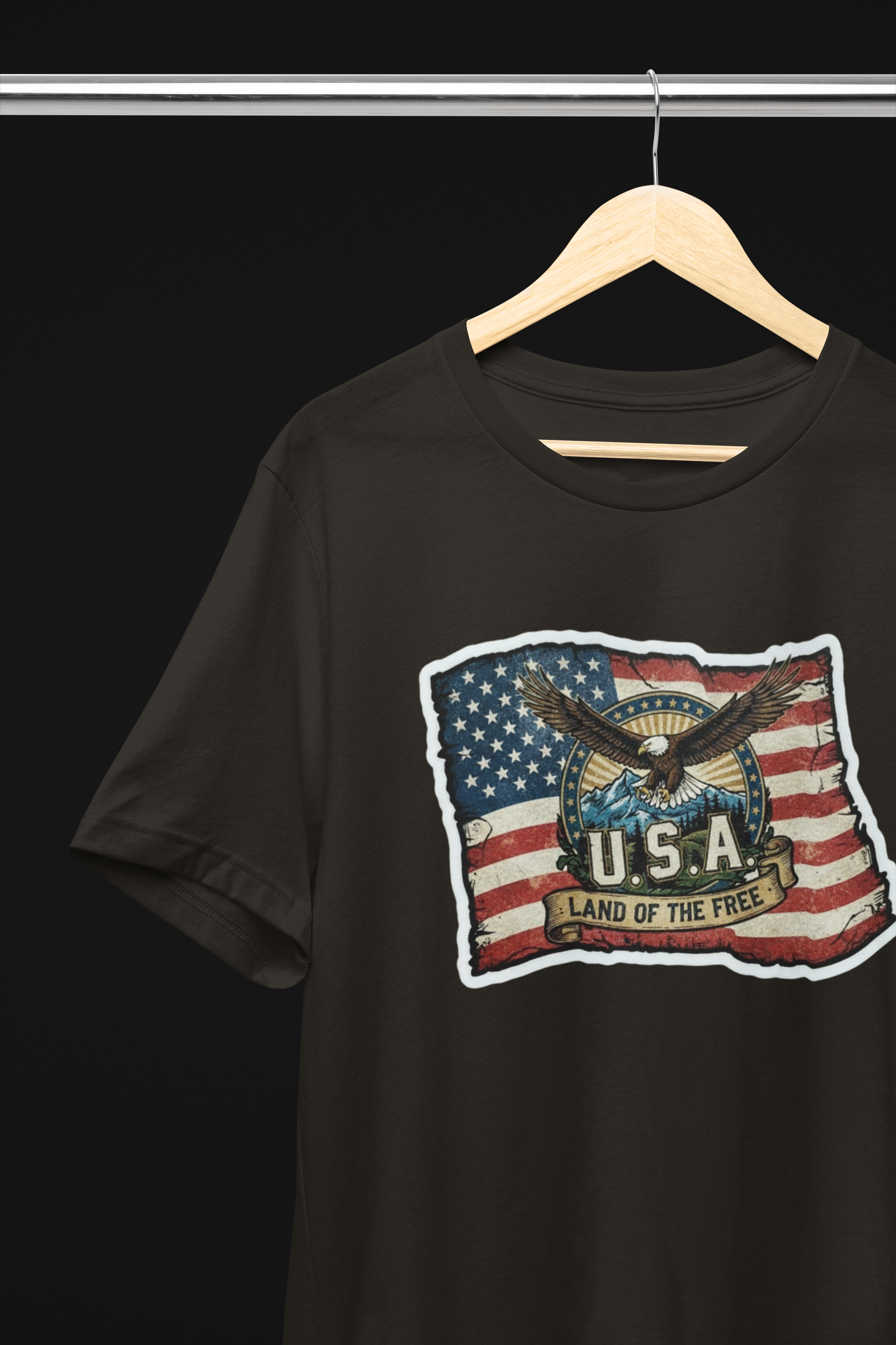 USA, Land of the Free Eagle Flag Tee - Heather Navy, White, Black, Deep Heather