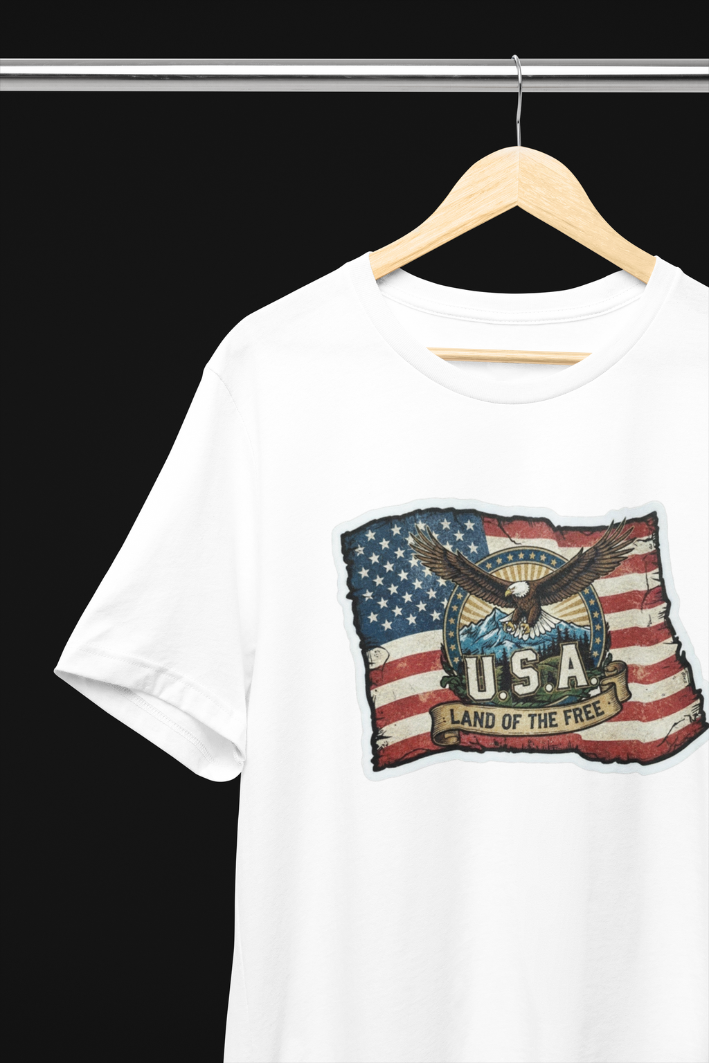 USA, Land of the Free Eagle Flag Tee - Heather Navy, White, Black, Deep Heather