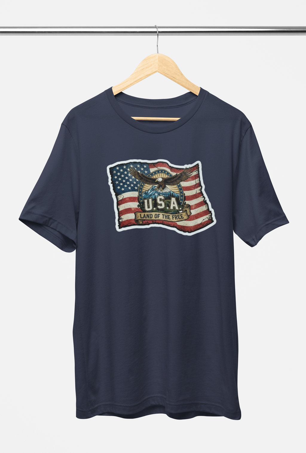 USA, Land of the Free Eagle Flag Tee - Heather Navy, White, Black, Deep Heather