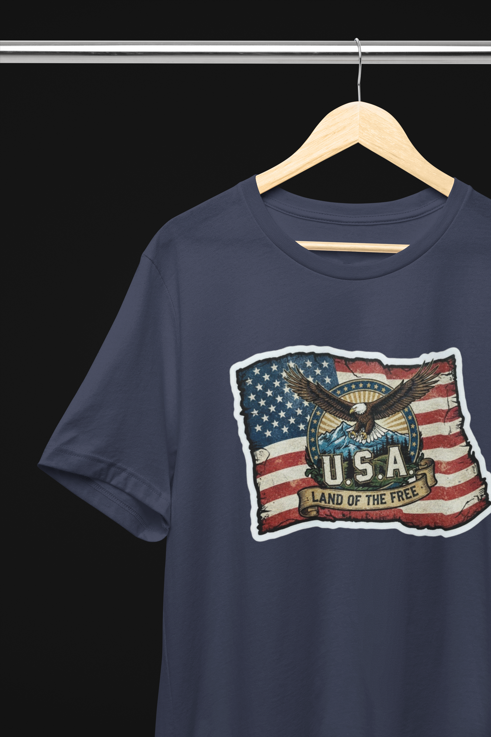 USA, Land of the Free Eagle Flag Tee - Heather Navy, White, Black, Deep Heather
