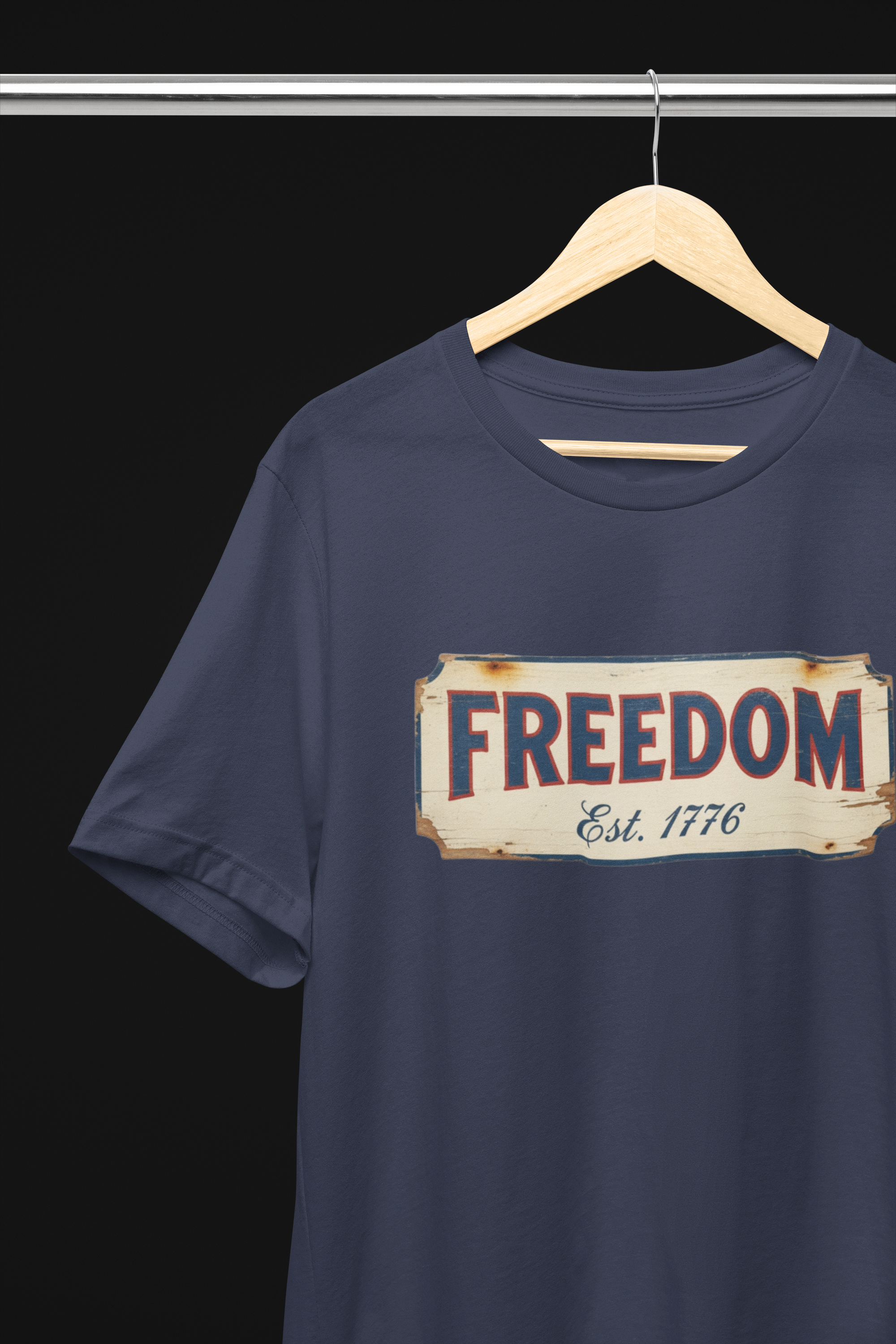 Freedom Est. 1776 Vintage Patriotic Tee - Heathered Navy, Canvas Red