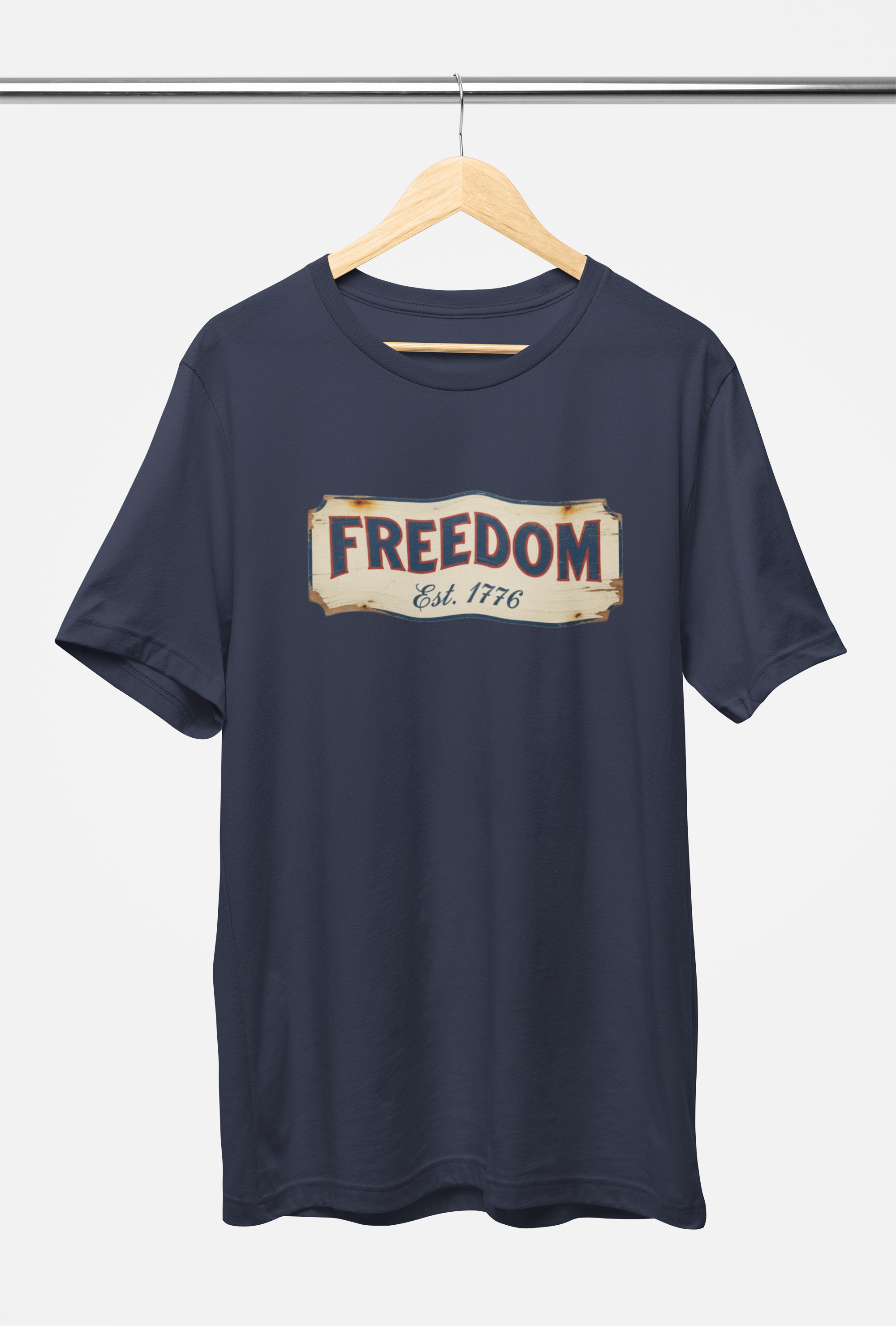 Freedom Est. 1776 Vintage Patriotic Tee - Heathered Navy, Canvas Red
