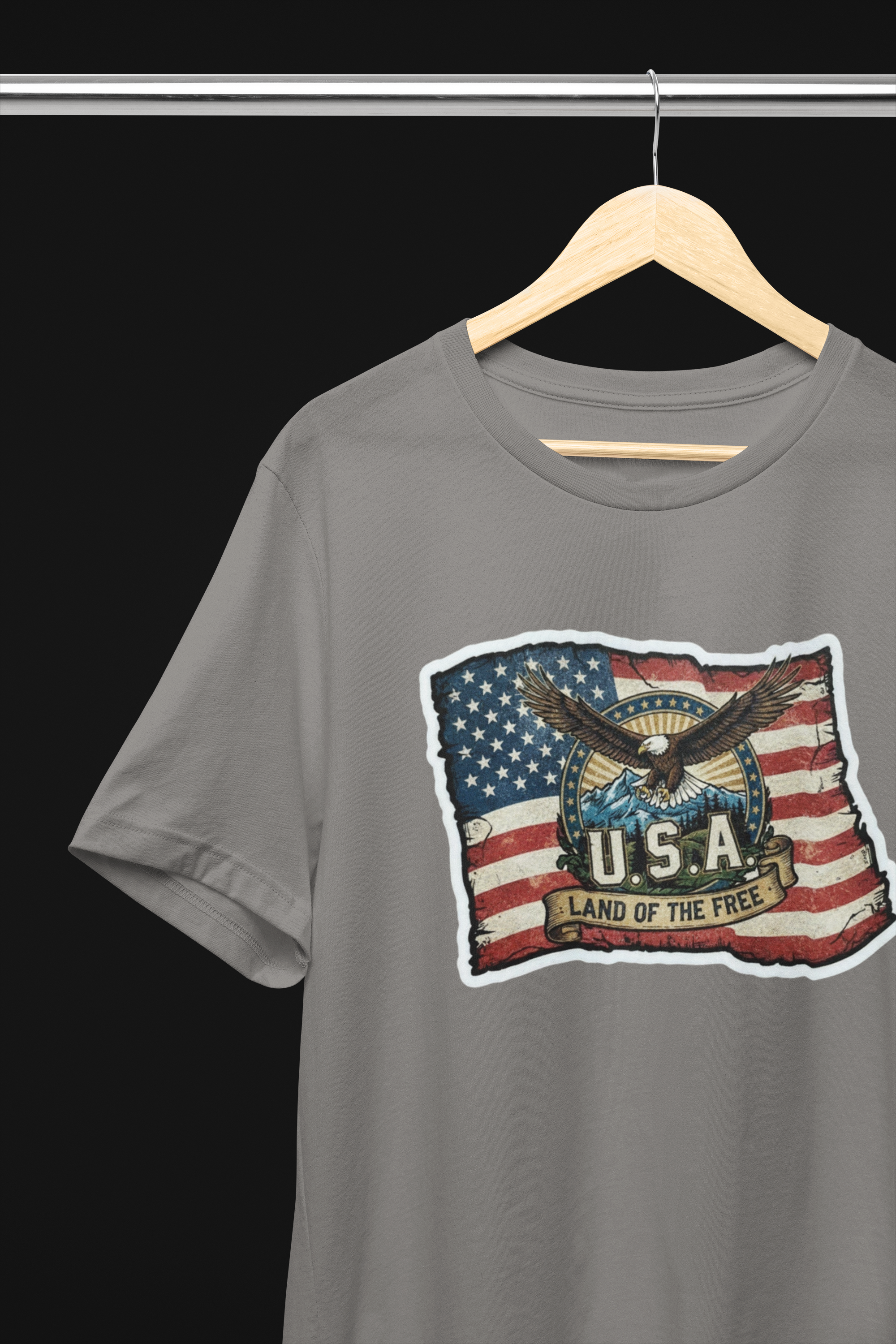 USA, Land of the Free Eagle Flag Tee - Heather Navy, White, Black, Deep Heather